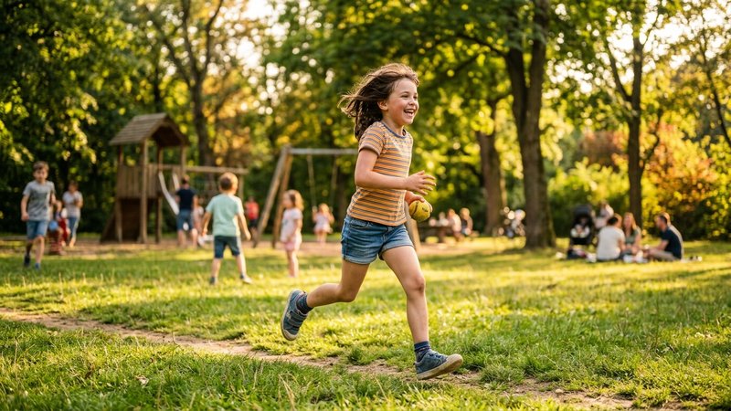 Un niño en edad escolar jugando activamente en un parque soleado, lleno de energía
