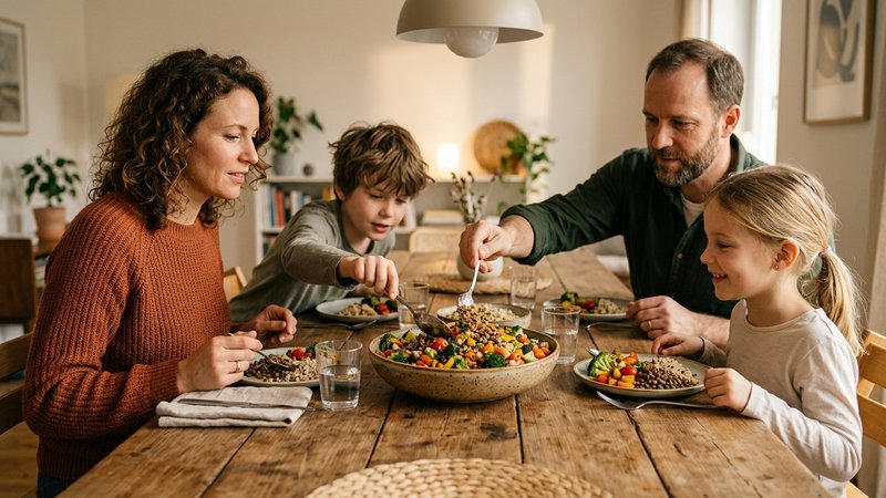 Una familia sentada a la mesa compartiendo un plato con legumbres, cereales y verduras