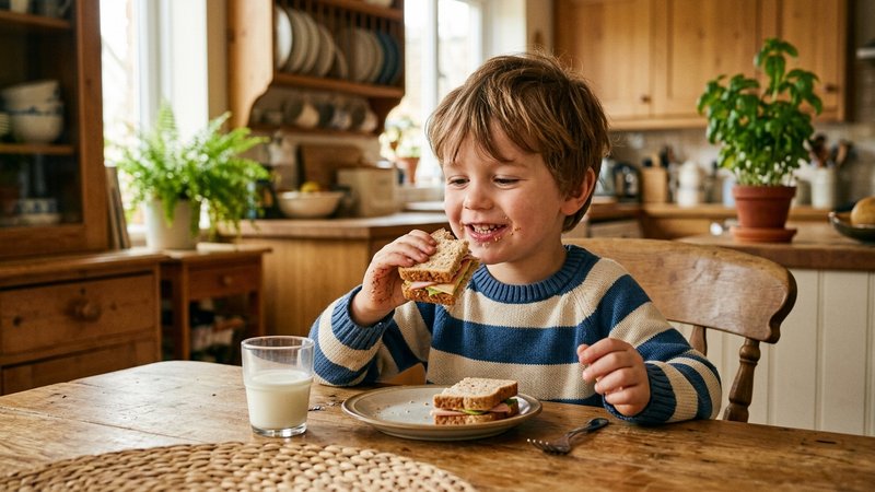 Un niño comiendo un pequeño sándwich con la mano sentado en la mesa de la cocina