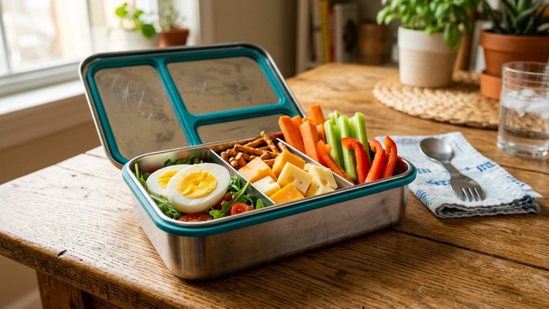 Una lonchera abierta sobre la mesa con huevo duro, cubos de queso y verduras cortadas en palitos