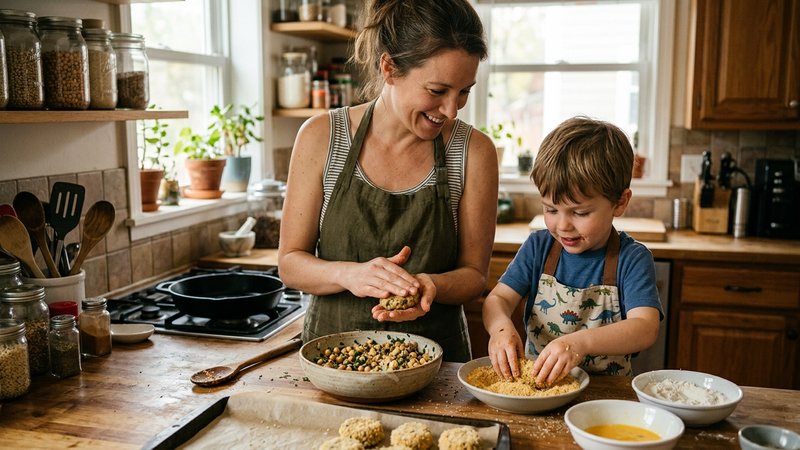 Una madre preparando croquetas caseras de legumbres en la cocina junto a su hijo pequeño