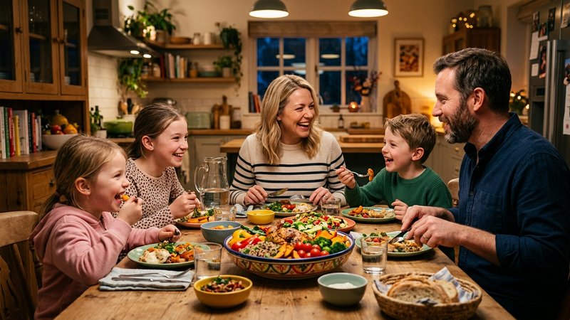 Una familia sonriente comiendo juntos un plato variado y colorido en la mesa de la cocina, ambiente cálido