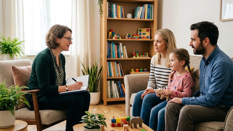 Una psicóloga infantil tomando notas en una libreta mientras conversa con unos padres y su hijo en una consulta luminosa