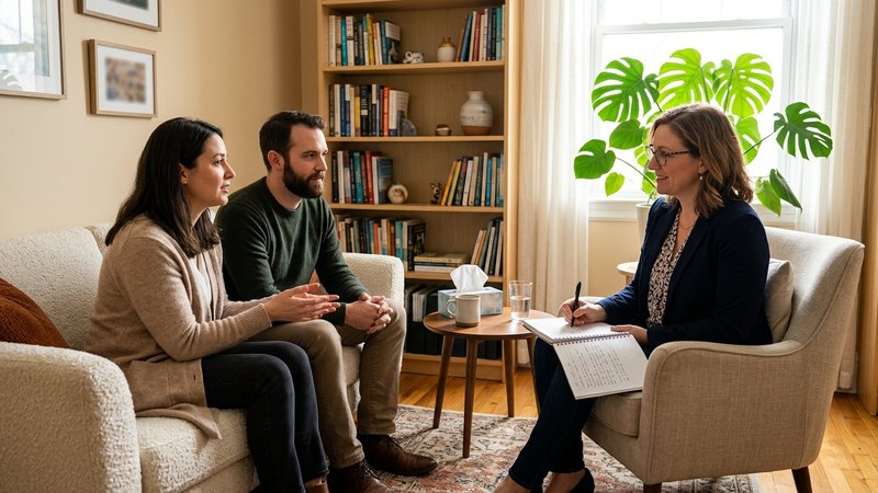 Una psicóloga tomando notas en una libreta durante una entrevista con unos padres en una consulta luminosa y acogedora,