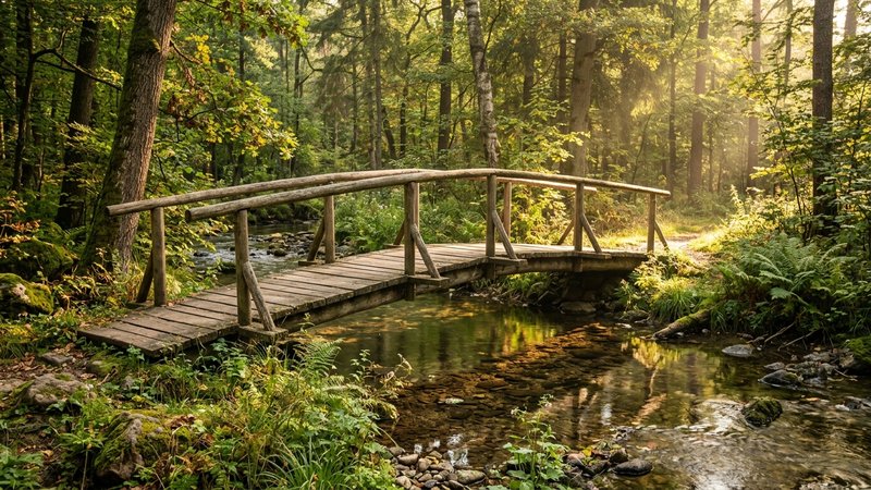 Un puente de madera sencillo sobre un arroyo tranquilo en un bosque, iluminado por la luz dorada de la mañana entre los