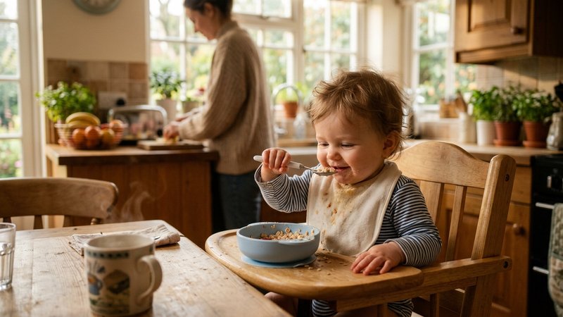 Un bebé sentado a la mesa con una cuchara pequeña, en una cocina cálida con luz natural de mañana