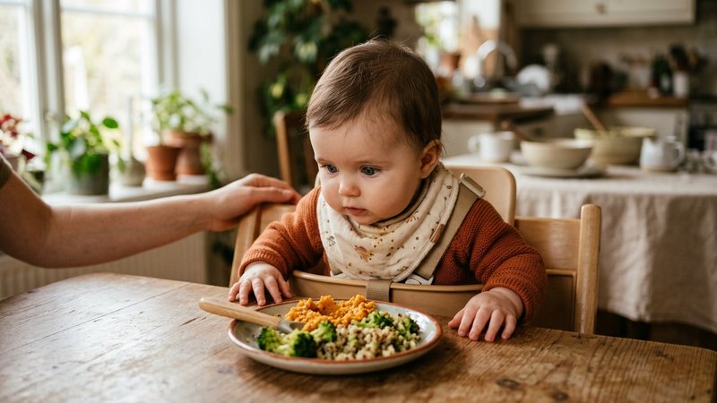 Un bebé sentado con apoyo mostrando interés hacia un plato de comida, mirando fijamente hacia él