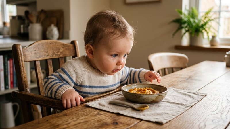 Un bebé mirando con curiosidad un plato de puré recién servido sobre la mesa