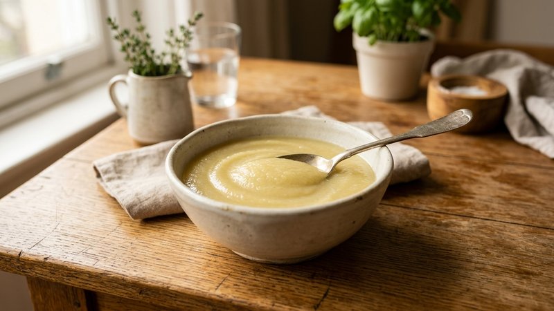 Un plato con puré liso de pera y manzana, textura suave y homogénea, sobre una mesa de cocina
