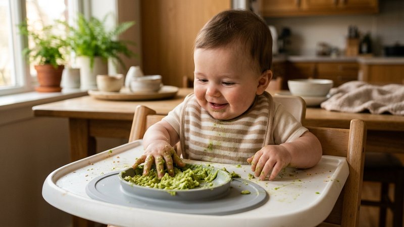 Un bebé tocando con la mano un trozo blando de aguacate machacado sobre la bandeja de su trona