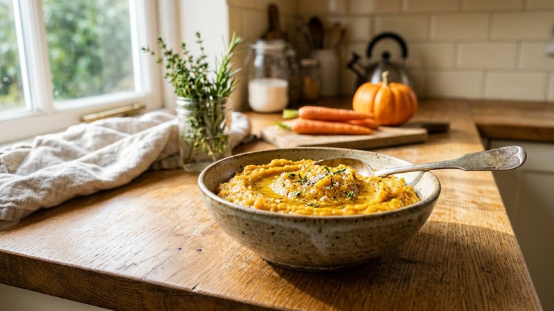 Un cuenco con puré de calabaza y zanahoria recién triturado, sobre una encimera de cocina soleada