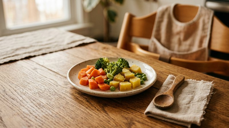 Un plato con trozos pequeños y blandos de verdura cocida, listos para que un bebé los coma con la mano
