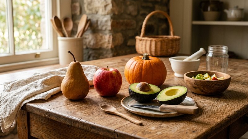 Una mesa de cocina con ingredientes sencillos, pera, manzana, calabaza y aguacate, listos para preparar puré casero
