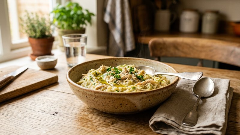 Un cuenco con puré de calabacín, papa y pollo triturado, sobre una mesa de cocina hogareña