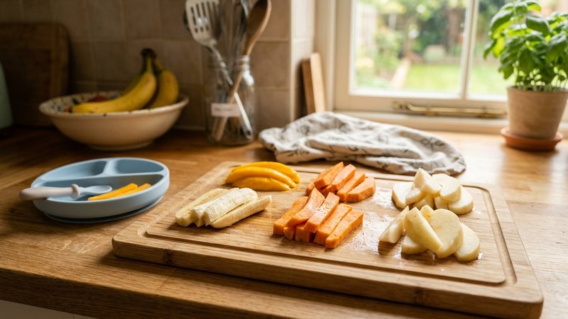 Una tabla de cocina con fruta cortada en tiras alargadas en lugar de rodajas, preparación segura para bebés