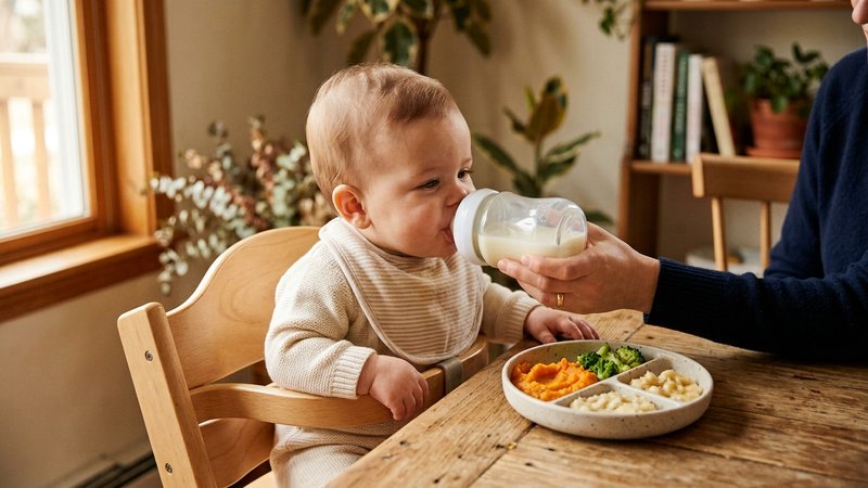 Un bebé tomando leche en un biberón junto a un plato de comida sólida sobre la mesa
