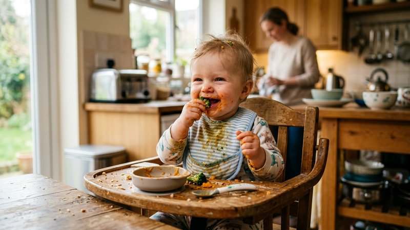 Un bebé sonriente comiendo solo con las manos al final de la comida, en una cocina cálida y luminosa