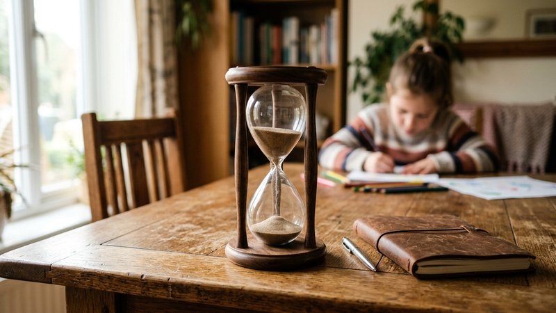Un reloj de arena de madera colocado sobre la mesa del comedor junto a un cuaderno, con la arena cayendo y un niño traba