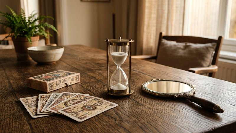 Un reloj de arena pequeño sobre la mesa del comedor junto a un espejo de mano y unas tarjetas ilustradas, en una sesión