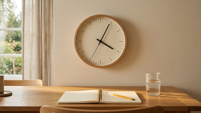 Un reloj de pared sencillo sin números colgado sobre la pared del comedor, con una mesa preparada debajo: cuaderno abier