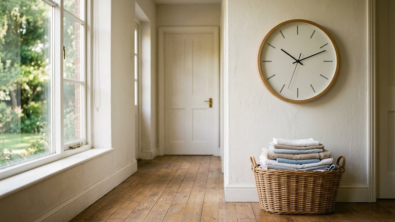 Un reloj de pared sencillo sin números colgado en el pasillo de una casa, con la luz de la tarde entrando por una ventan