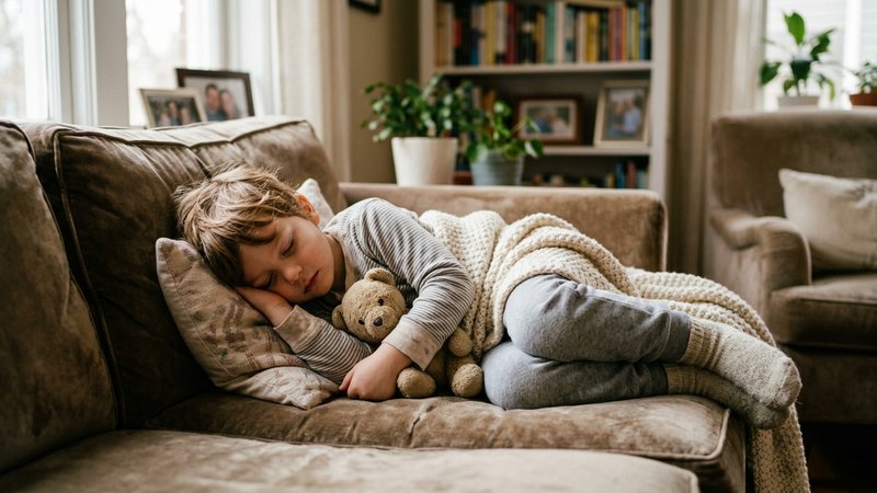 Un bebé plácidamente dormido y relajado en brazos de su madre, sentada en un sillón de una habitación cálida