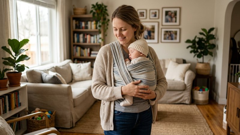 Una madre porteando a su bebé recogido y tranquilo en un fular ergonómico, de pie en el salón de casa