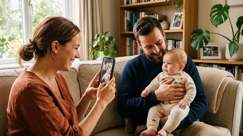 Una madre grabando con su teléfono móvil a su bebé tranquilo que sostiene el padre en brazos, en el salón de casa