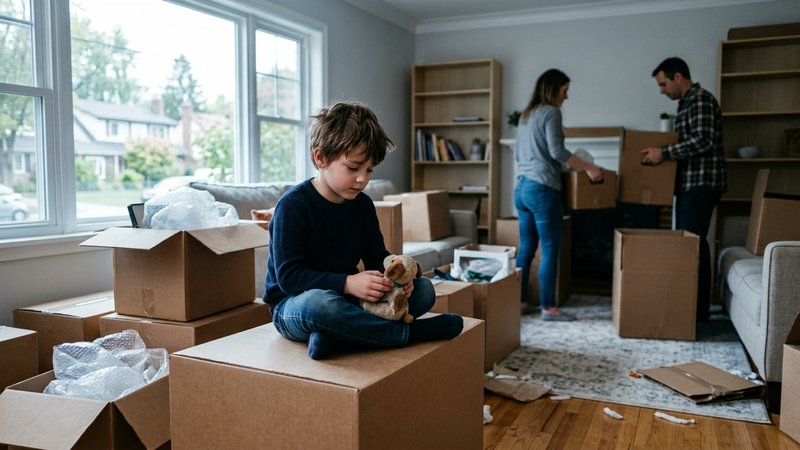 Un salón con cajas de mudanza a medio cerrar y un niño sentado sobre una de ellas, callado, mientras al fondo desenfocad