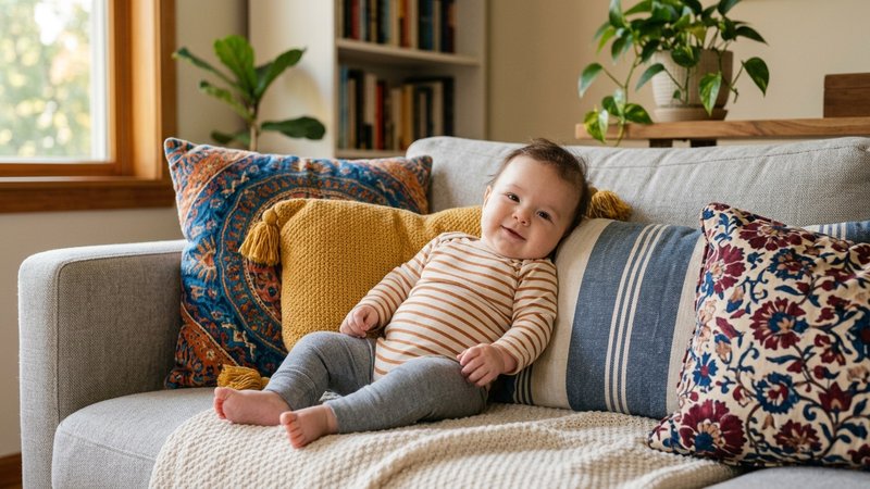 Un bebé apuntalado entre cojines de colores en un sofá, con la espalda algo curvada y una sonrisa tranquila