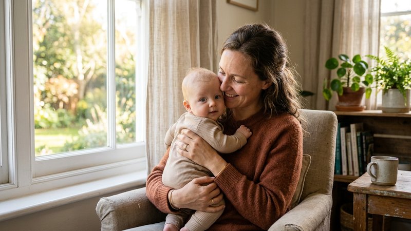 Una madre sosteniendo con cariño a su bebé tranquilo junto a una ventana luminosa de casa