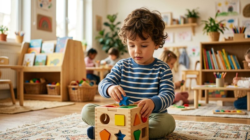 Un bebé sentado con apoyo agarrando con las dos manos un juguete de madera de colores