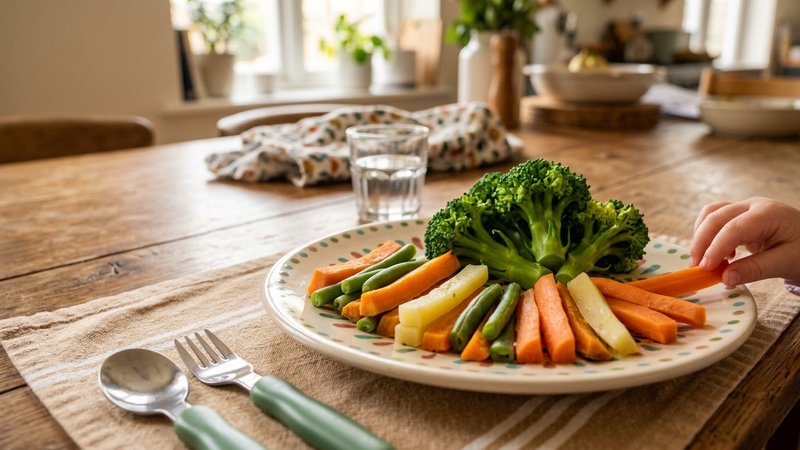 Un plato infantil con un ramillete de brócoli al vapor y bastones de verdura tierna listos para agarrar