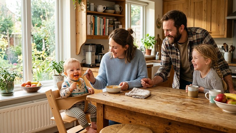Una familia en una cocina luminosa disfrutando juntos de la merienda del bebé, ambiente cálido y relajado