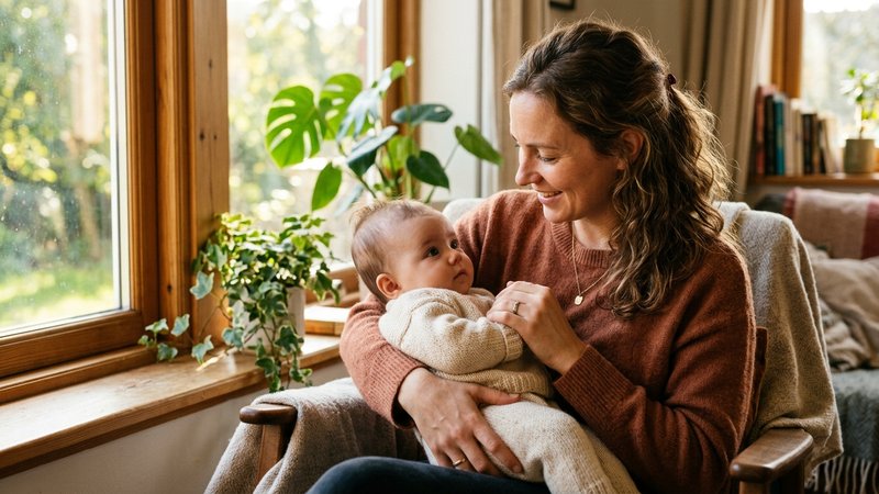 Una madre mirando con ternura a su bebé vestido en brazos, el bebé la observa con expresión seria y tranquila junto a un