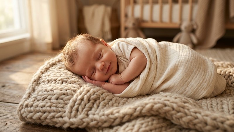 Un recién nacido dormido plácidamente sobre una manta suave, esbozando una leve sonrisa mientras descansa, luz cálida de