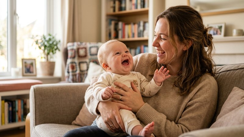 Un bebé riendo a carcajadas con alegría en brazos de su madre, ambiente cálido y feliz del hogar