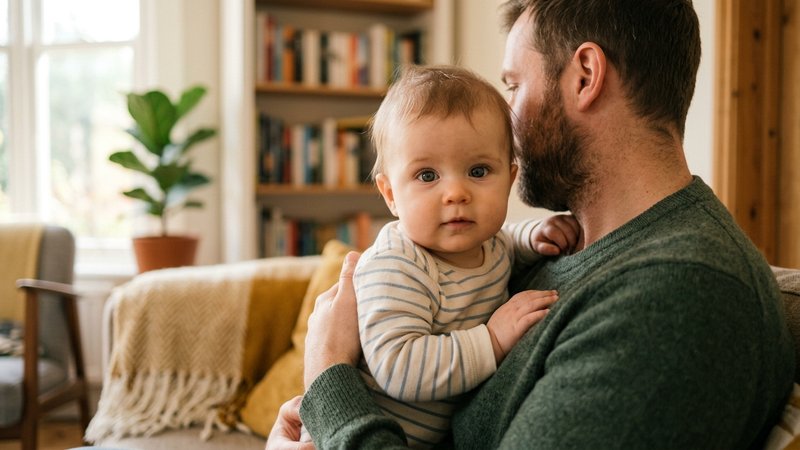 Un bebé tranquilo y observador mirando fijamente con expresión reflexiva desde los brazos de su padre en casa