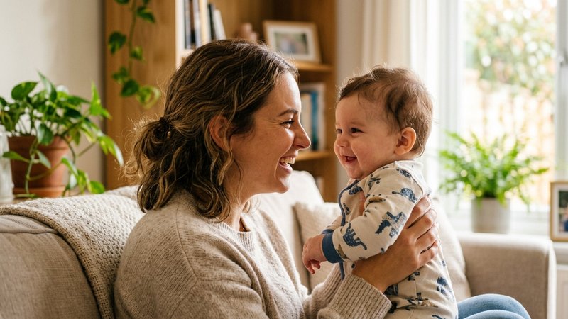 Una madre y su bebé sonriéndose mutuamente con enorme ternura, frente contra frente en un hogar cálido y luminoso