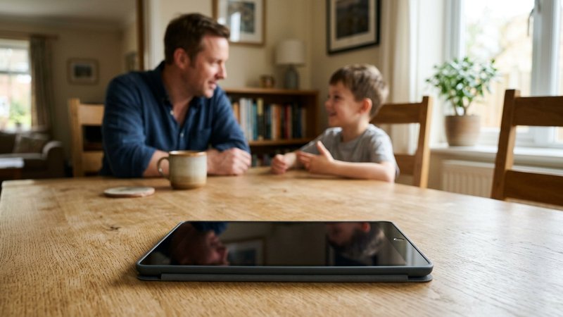 Una tableta con la pantalla apagada sobre la mesa del comedor y, al fondo desenfocado, un padre y su hijo sentados junto