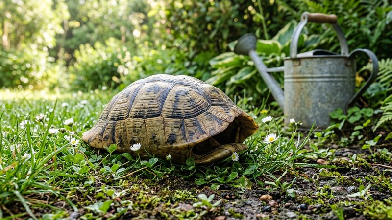 Una tortuga de tierra real sobre la hierba de un jardín doméstico, replegando la cabeza y las patas dentro de su caparaz