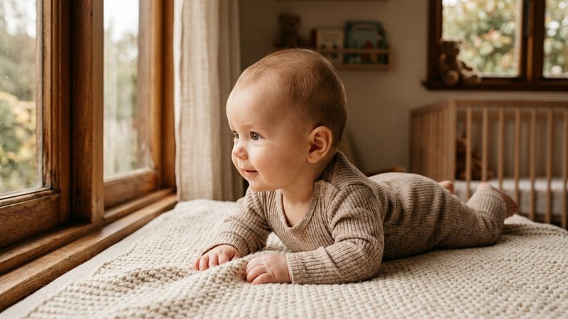 Un bebé vestido apoyado boca abajo sobre una manta suave, con la cabecita bien redondeada levantada y luz natural entran