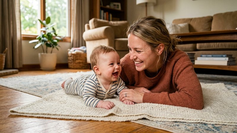 Una madre tumbada en el suelo del salón a la altura de su bebé, cara a cara sobre una manta, ambos sonriendo