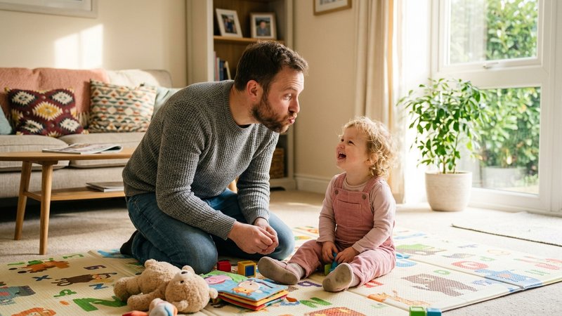 Un padre haciendo muecas divertidas a su bebé que está boca abajo sobre una manta, los dos riendo en un salón acogedor