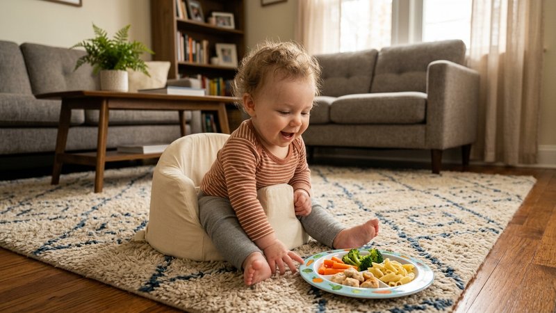 Un bebé sentado con apoyo en el suelo del salón, sonriendo con curiosidad hacia un plato de comida cercano