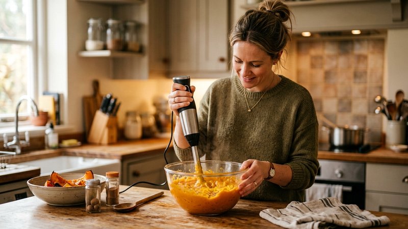 Una madre triturando calabaza cocida en un procesador de mano sobre la encimera de la cocina
