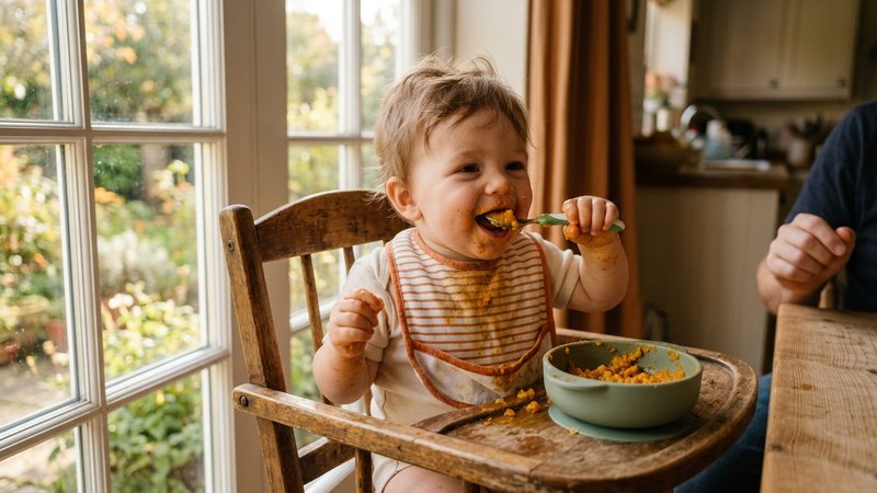 Un bebé comiendo con una cuchara pequeña un puré con algunos grumos, sentado en su trona junto a la ventana