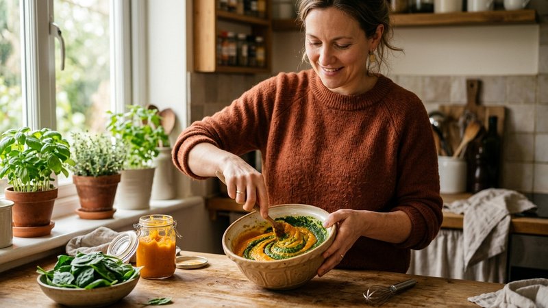 Una madre mezclando puré de espinaca con puré de calabaza en un bol de cocina con luz natural