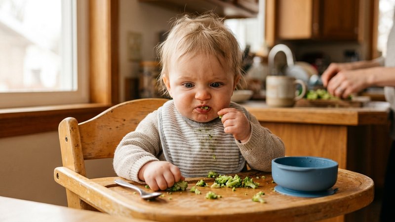 Un bebé haciendo una mueca curiosa al probar brócoli cocido en trozos pequeños sobre la bandeja de su trona