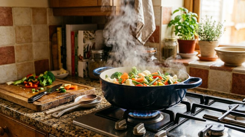 Una olla con verduras cocinándose al vapor sobre la cocina de una casa acogedora